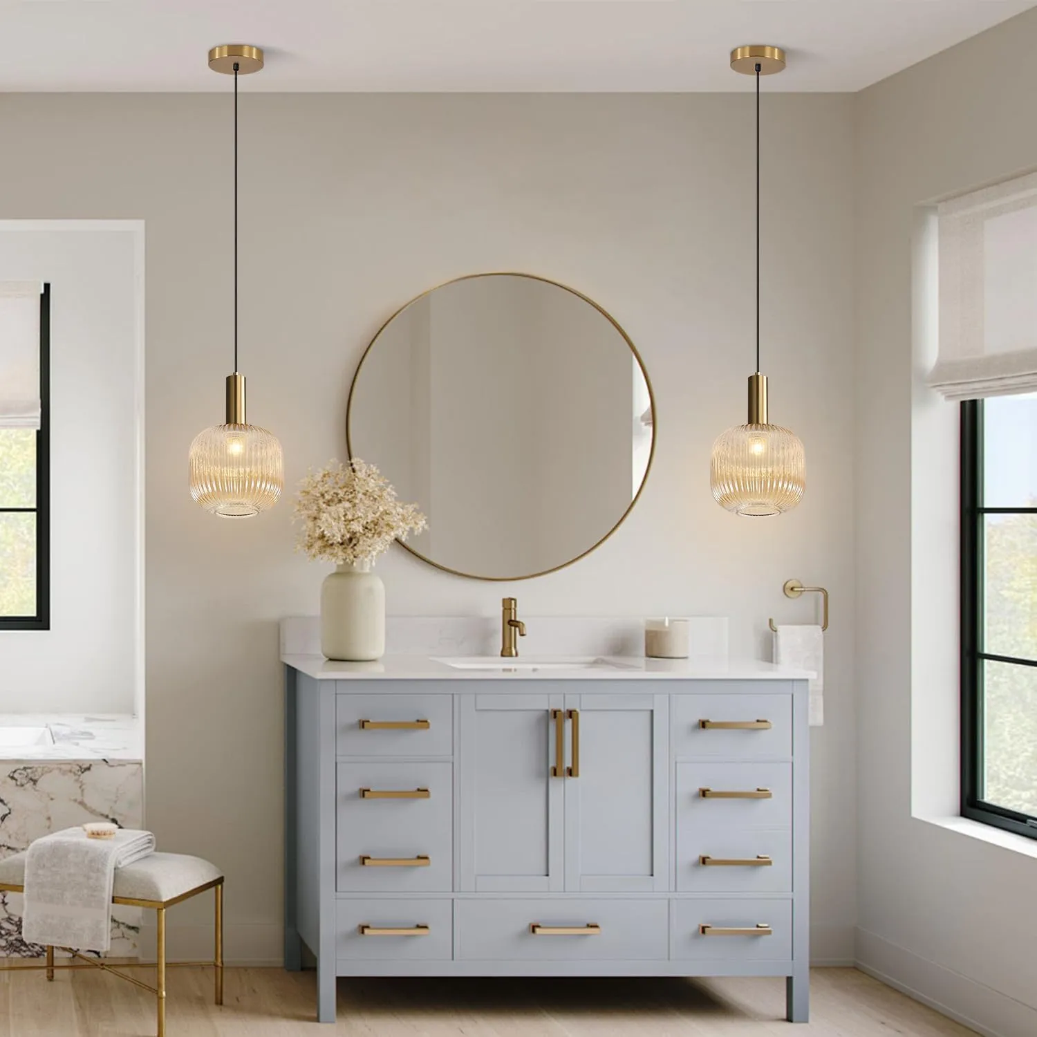 BOKT Modern Large Amber Glass Globe Pendant Light Fixture Brushed Brass Gold Kitchen Island Pendant Lighting Farmhouse Single 1-Light Spherical Ceiling Hanging Pendant Light (Amber)
