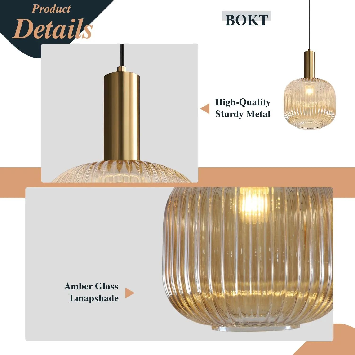 BOKT Modern Large Amber Glass Globe Pendant Light Fixture Brushed Brass Gold Kitchen Island Pendant Lighting Farmhouse Single 1-Light Spherical Ceiling Hanging Pendant Light (Amber)