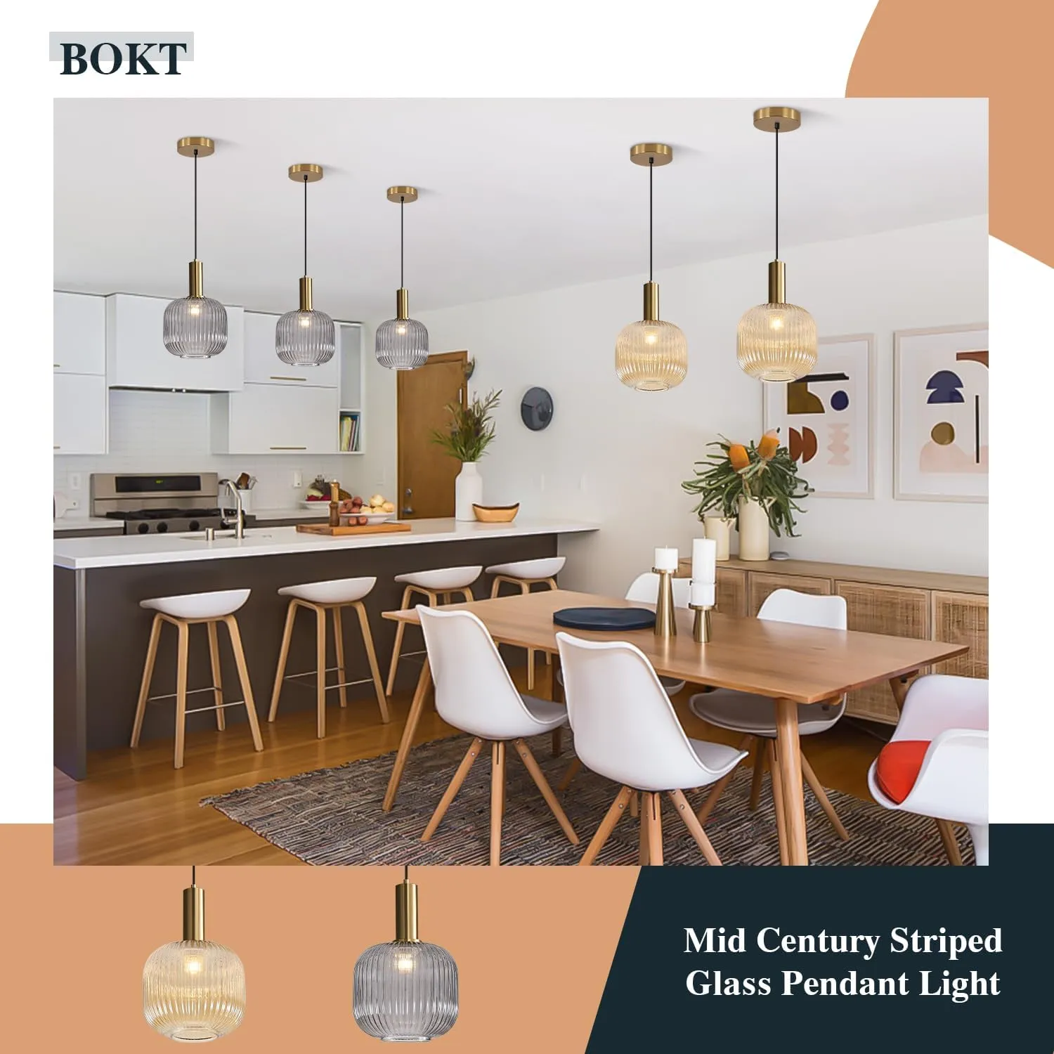 BOKT Modern Large Amber Glass Globe Pendant Light Fixture Brushed Brass Gold Kitchen Island Pendant Lighting Farmhouse Single 1-Light Spherical Ceiling Hanging Pendant Light (Amber)