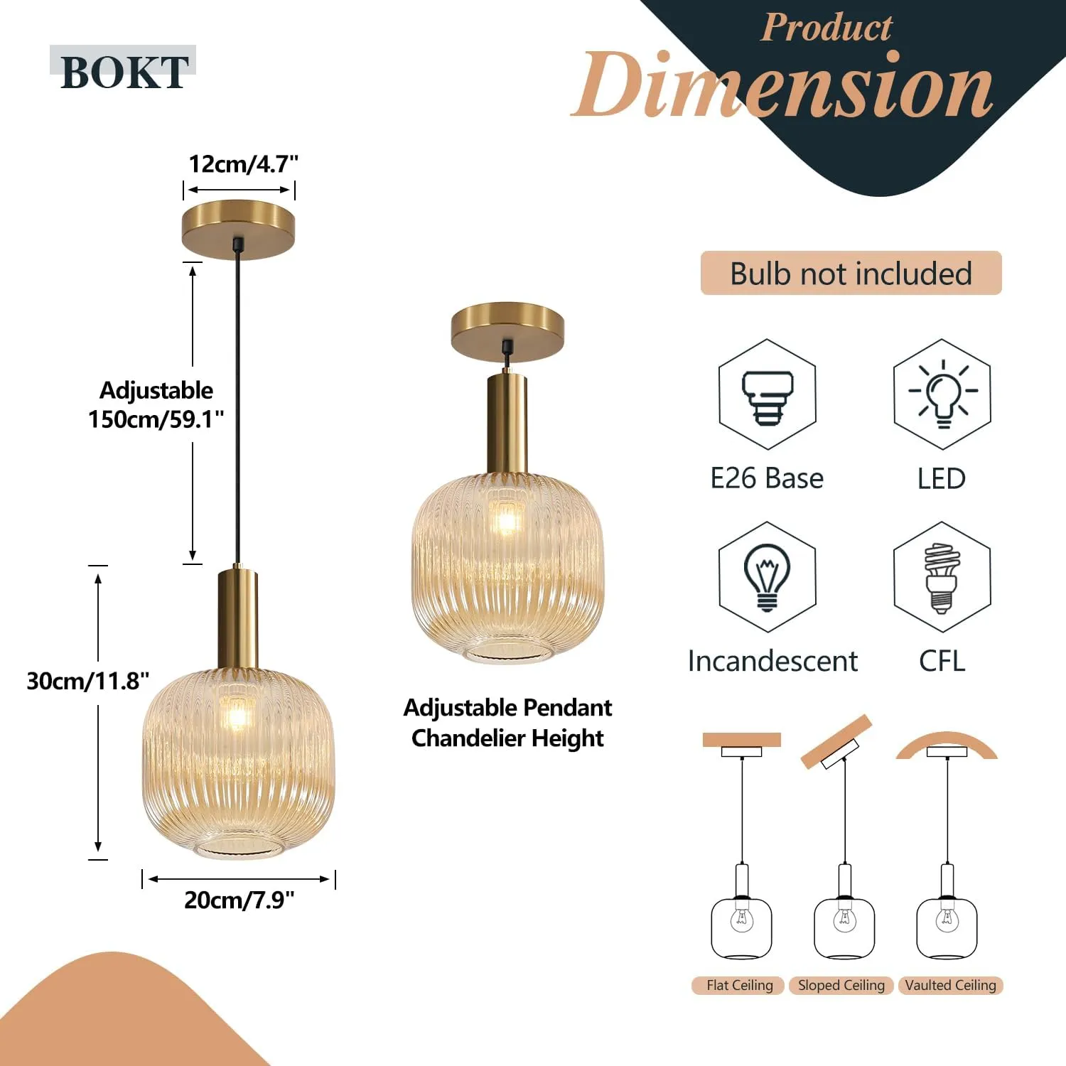 BOKT Modern Large Amber Glass Globe Pendant Light Fixture Brushed Brass Gold Kitchen Island Pendant Lighting Farmhouse Single 1-Light Spherical Ceiling Hanging Pendant Light (Amber)