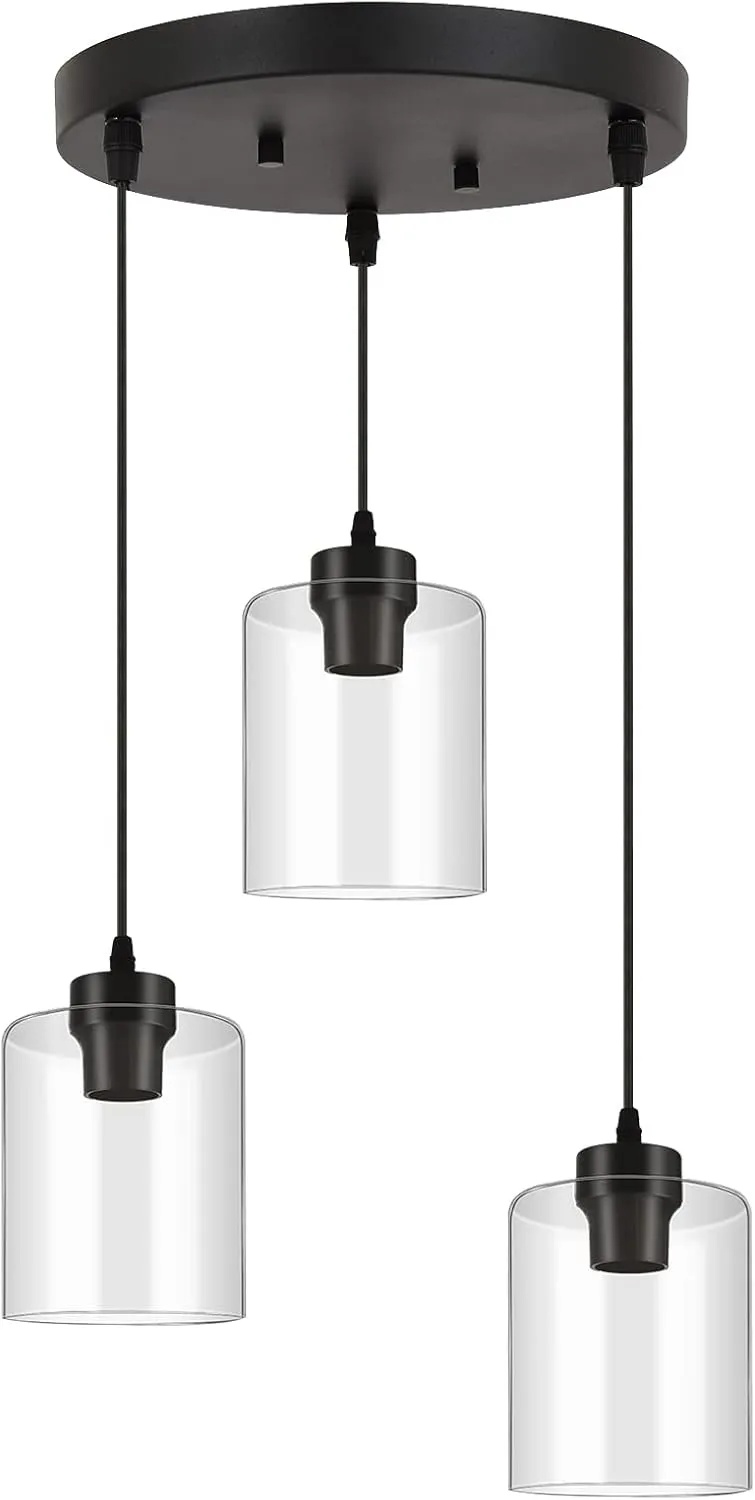BoostArea Modern 3-Light Pendant Light Fixtures, Industrial Hanging Ceiling Lamp with Clear Glass Shade, Farmhouse Black Pendant Lighting for Kitchen Island Living Room Hallway Bedroom Dining Hall