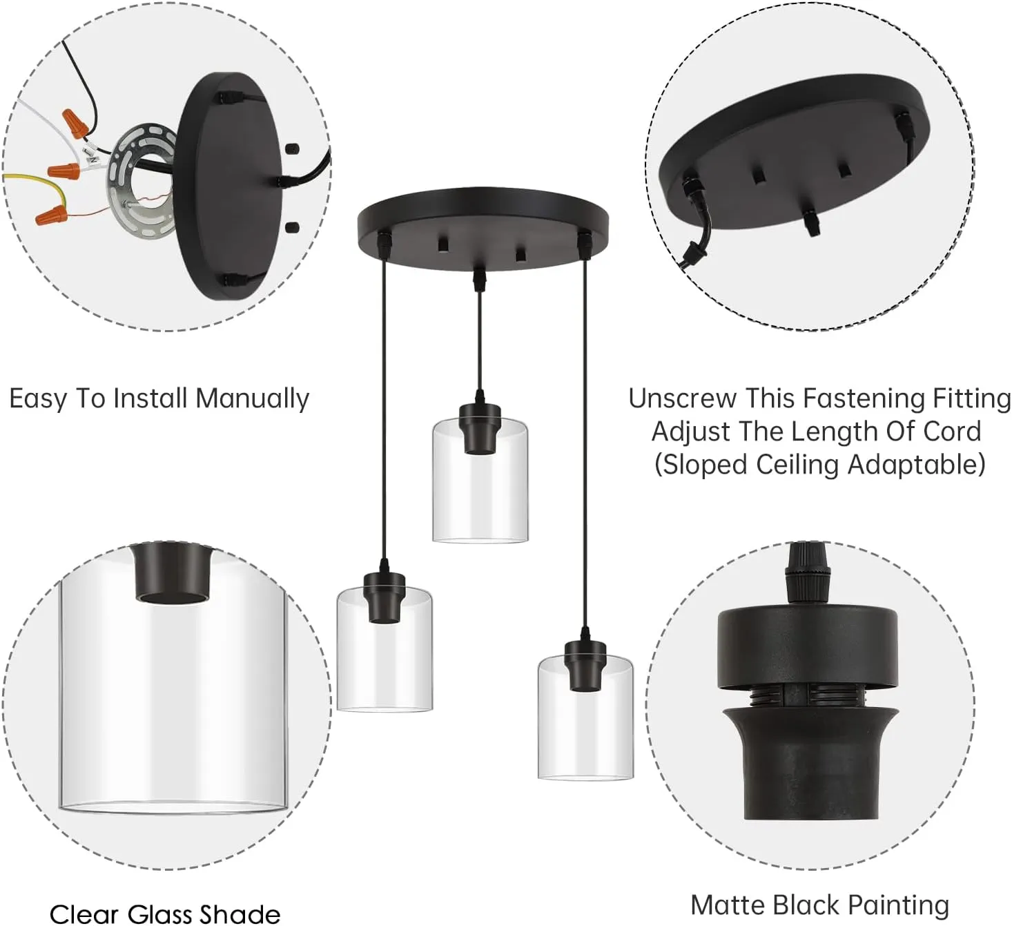 BoostArea Modern 3-Light Pendant Light Fixtures, Industrial Hanging Ceiling Lamp with Clear Glass Shade, Farmhouse Black Pendant Lighting for Kitchen Island Living Room Hallway Bedroom Dining Hall