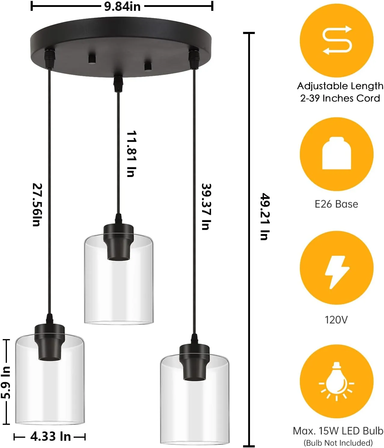 BoostArea Modern 3-Light Pendant Light Fixtures, Industrial Hanging Ceiling Lamp with Clear Glass Shade, Farmhouse Black Pendant Lighting for Kitchen Island Living Room Hallway Bedroom Dining Hall