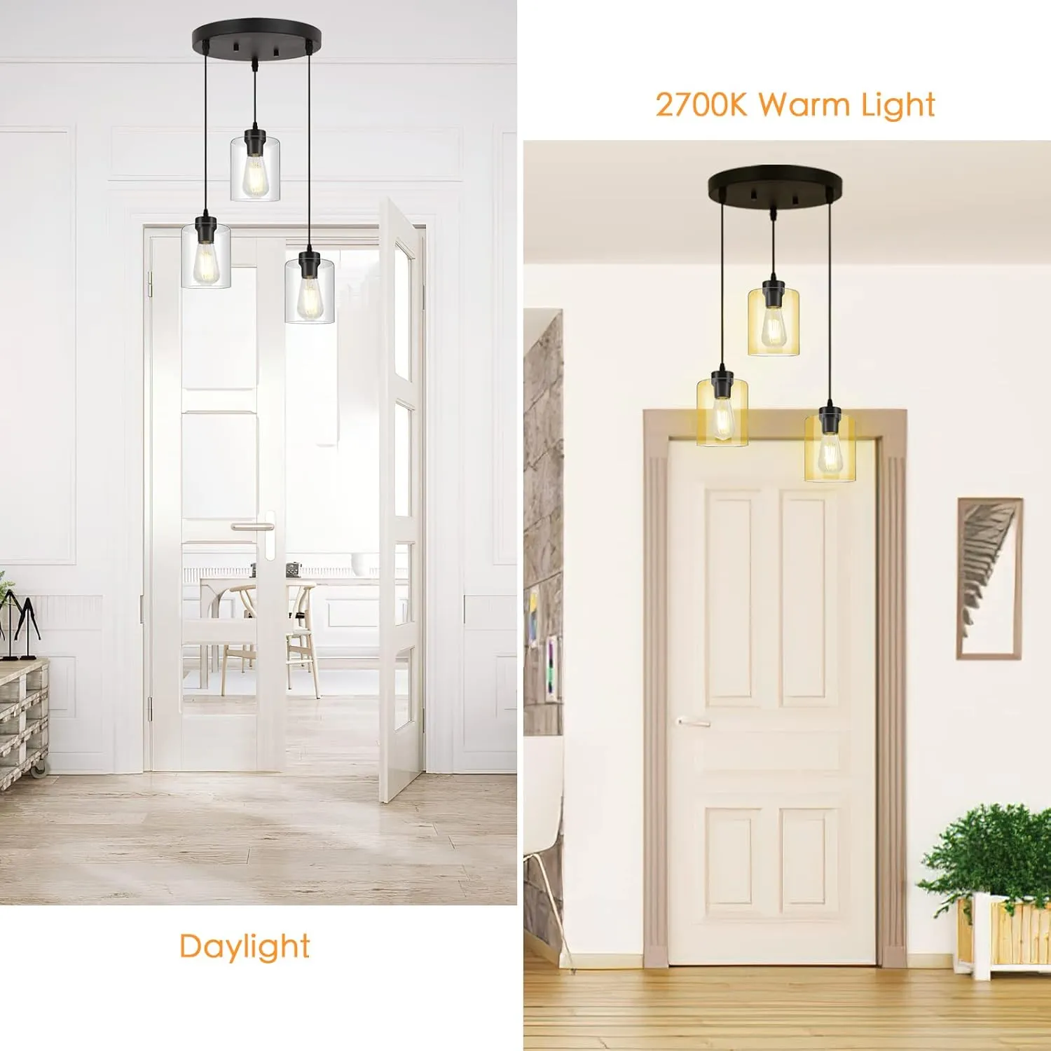 BoostArea Modern 3-Light Pendant Light Fixtures, Industrial Hanging Ceiling Lamp with Clear Glass Shade, Farmhouse Black Pendant Lighting for Kitchen Island Living Room Hallway Bedroom Dining Hall