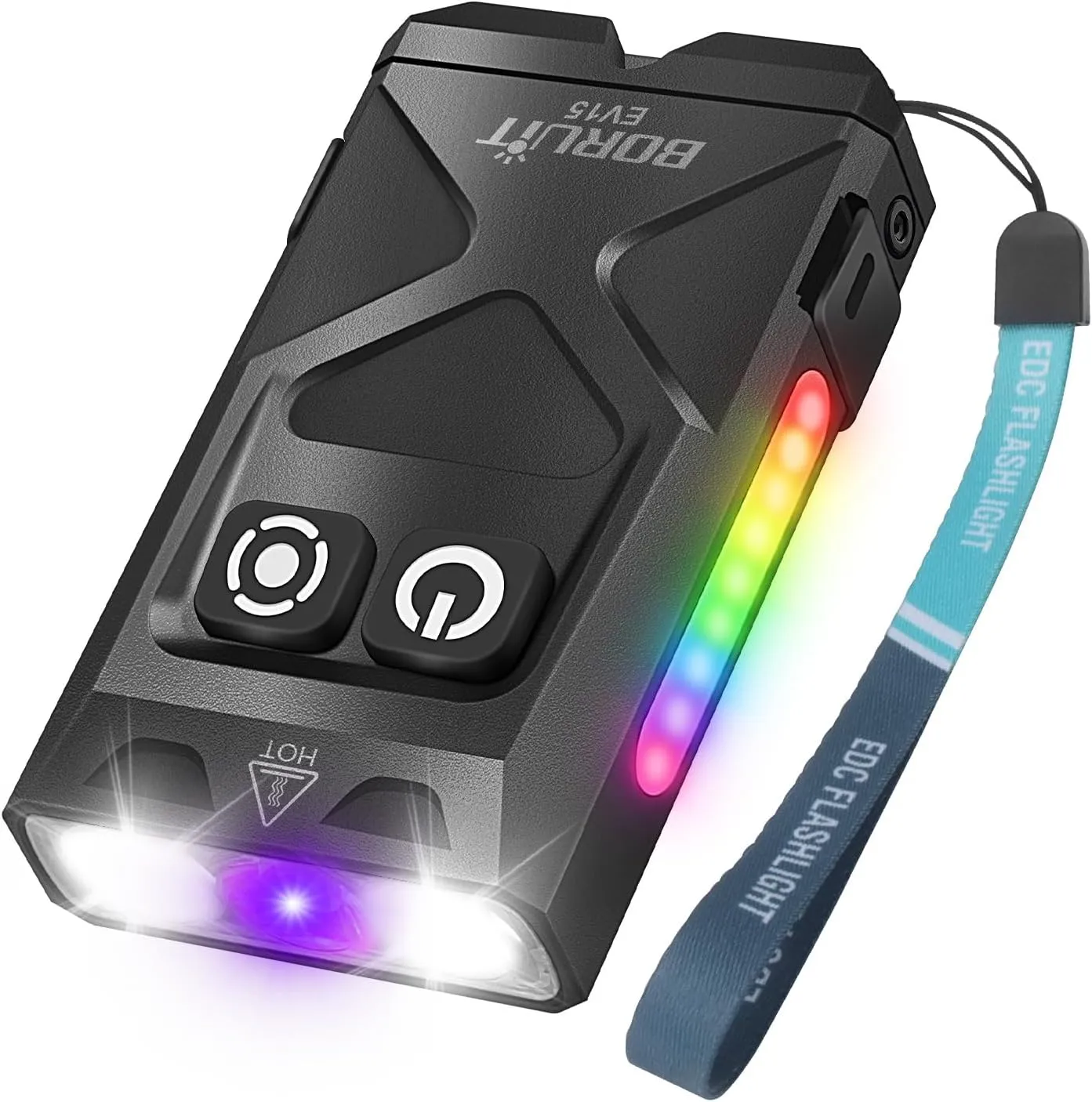 BORUIT EV15 LED Small Powerful EDC Flashlight,Super Bright USB-C Rechargeable Mini Keychain Flash Light with 365nm UV & RGB Side Light,IP65 Waterproof,Clip & Tail Magnet for Emergencies