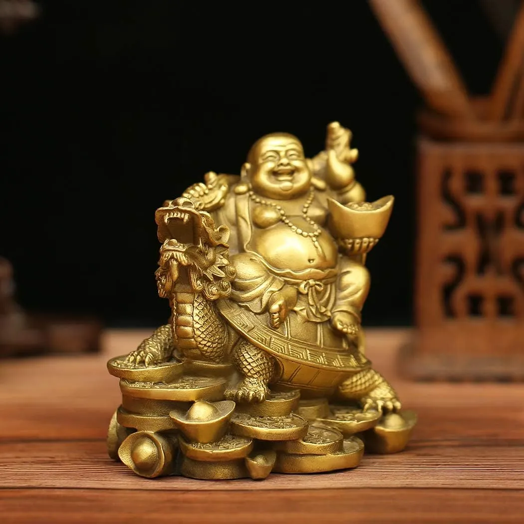 BRASSTAR 4.5”(H) Ruyi Laughing Buddha and Turtle-Wealth, Good Fortune, Health Buddha Statue for Home Office Decor PTZY062