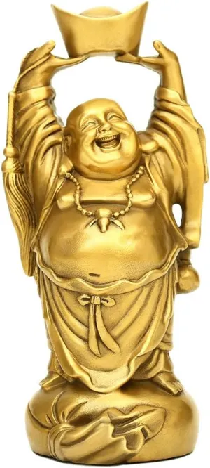 BRASSTAR Brass Laughing Buddha Holding Ingot Money Bag Statue Attract Wealth Feng Shui Ornament Home Office Decorative PTZY053