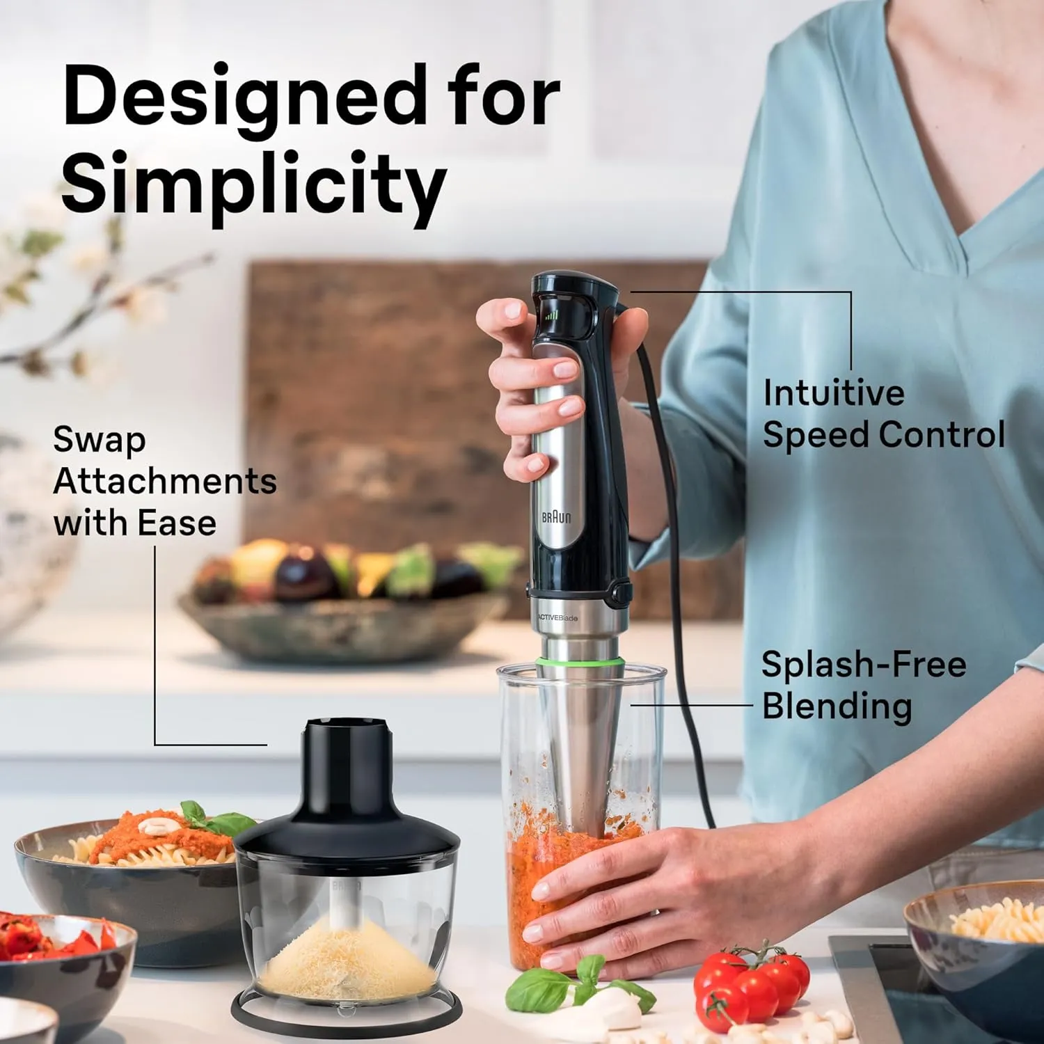 Braun MultiQuick 7 3-in-1 Immersion Hand Blender with Variable Speed and Patented Technology - Includes 2-cup Chopper, Whisk   Beaker for Fast Blending, Stainless Steel, MQ7035X