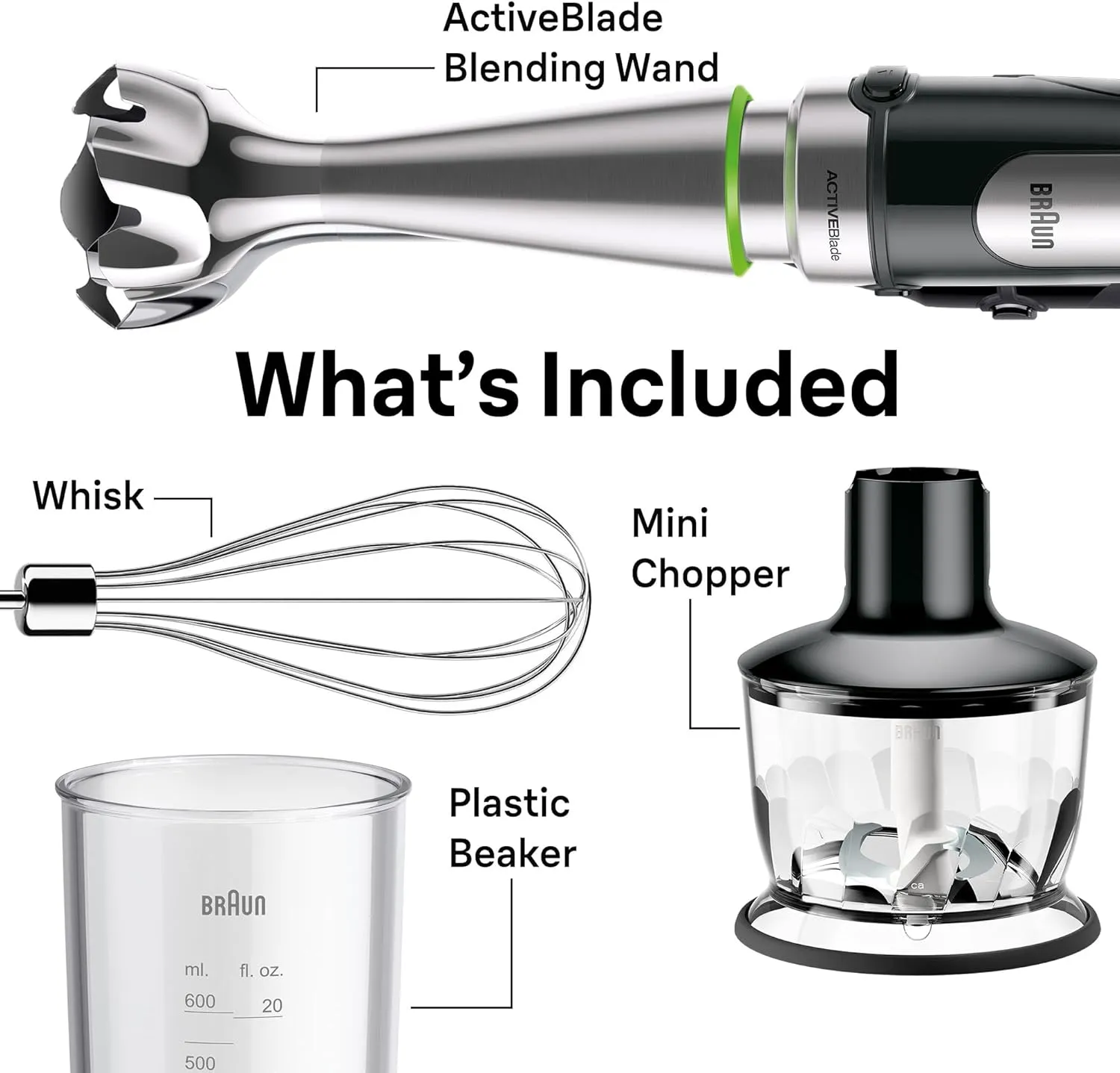 Braun MultiQuick 7 3-in-1 Immersion Hand Blender with Variable Speed and Patented Technology - Includes 2-cup Chopper, Whisk   Beaker for Fast Blending, Stainless Steel, MQ7035X