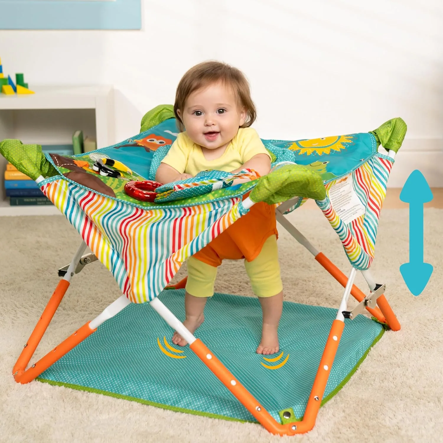 Bright Starts Pop 'N Jump Portable Activity Jumper, Indoor/Outdoor Use, Owl Forest with 4 Sensory Toys, Ages 6-12 Months