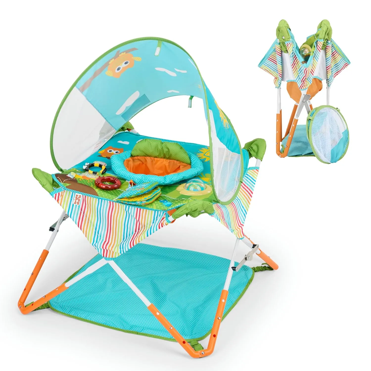 Bright Starts Pop 'N Jump Portable Activity Jumper, Indoor/Outdoor Use, Owl Forest with 4 Sensory Toys, Ages 6-12 Months