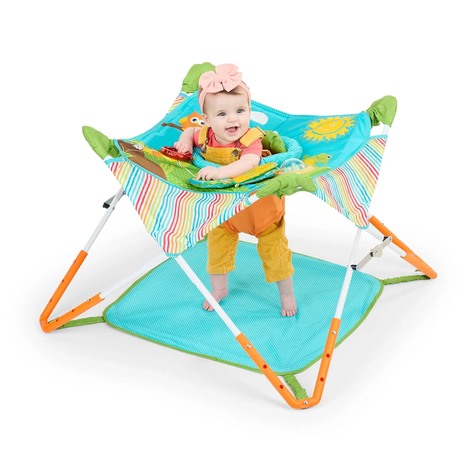Bright Starts Pop 'N Jump Portable Activity Jumper, Indoor/Outdoor Use, Owl Forest with 4 Sensory Toys, Ages 6-12 Months