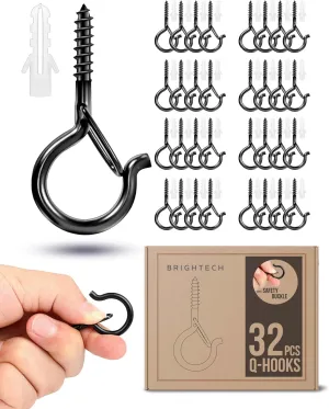 Brightech String Light Screw Hooks - Ceiling Hooks for Hanging Solar, Plug-in Lights, Outdoor String Lights - Q Hooks with Safety Buckle Design for Porch, Patio - 32 Pack, Black, AMB-HKS-32