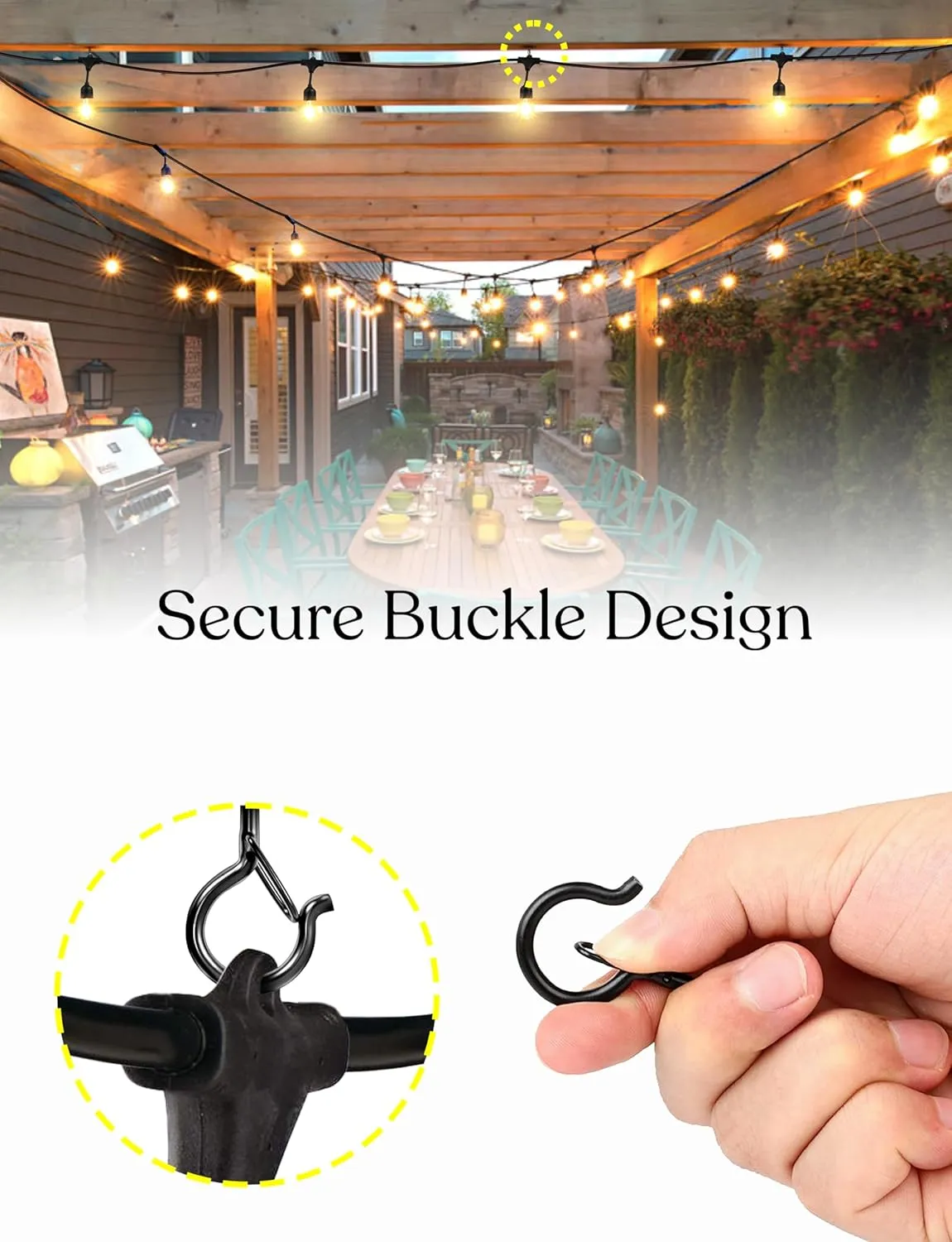 Brightech String Light Screw Hooks - Ceiling Hooks for Hanging Solar, Plug-in Lights, Outdoor String Lights - Q Hooks with Safety Buckle Design for Porch, Patio - 32 Pack, Black, AMB-HKS-32