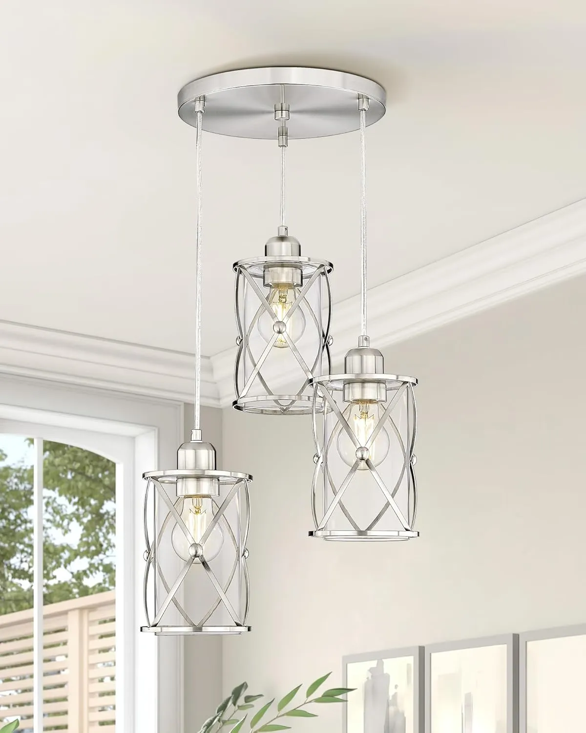 Brushed Nickel Dining Room Chandelier Light Fixture, 3-Light Pendant Lighting with Clear Glass, Modern Kitchen Island Cluster Hanging Pendant Lights for Sink, CH9176BN3