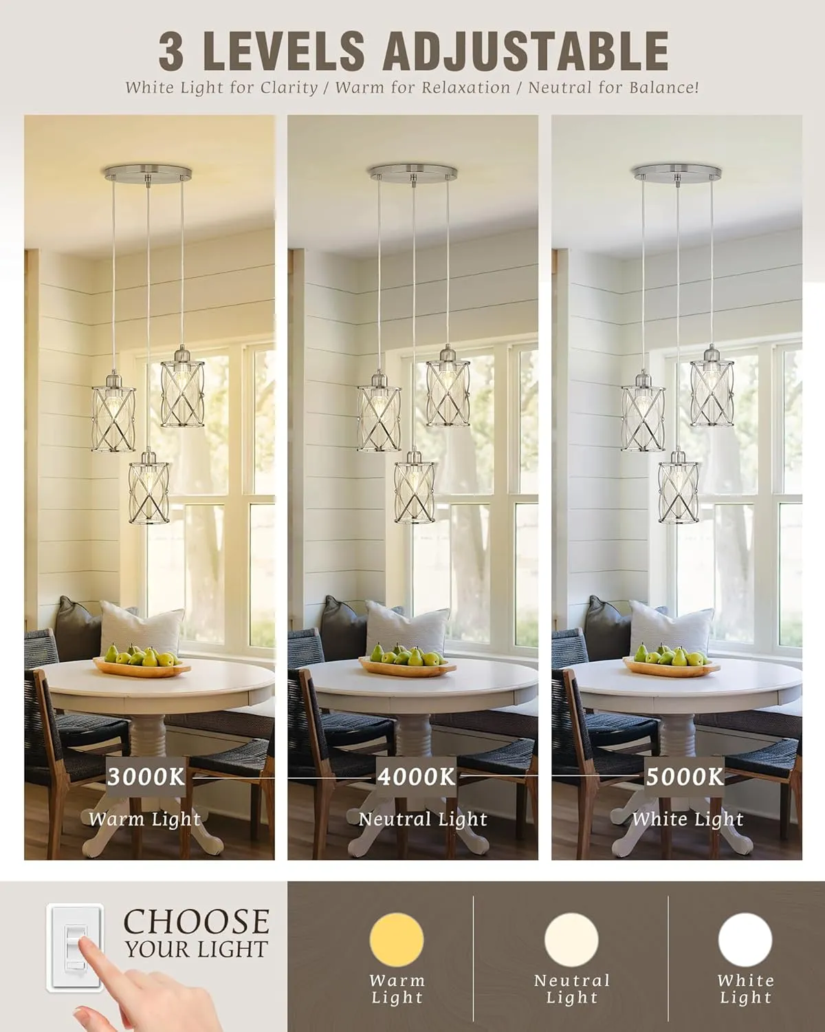 Brushed Nickel Dining Room Chandelier Light Fixture, 3-Light Pendant Lighting with Clear Glass, Modern Kitchen Island Cluster Hanging Pendant Lights for Sink, CH9176BN3