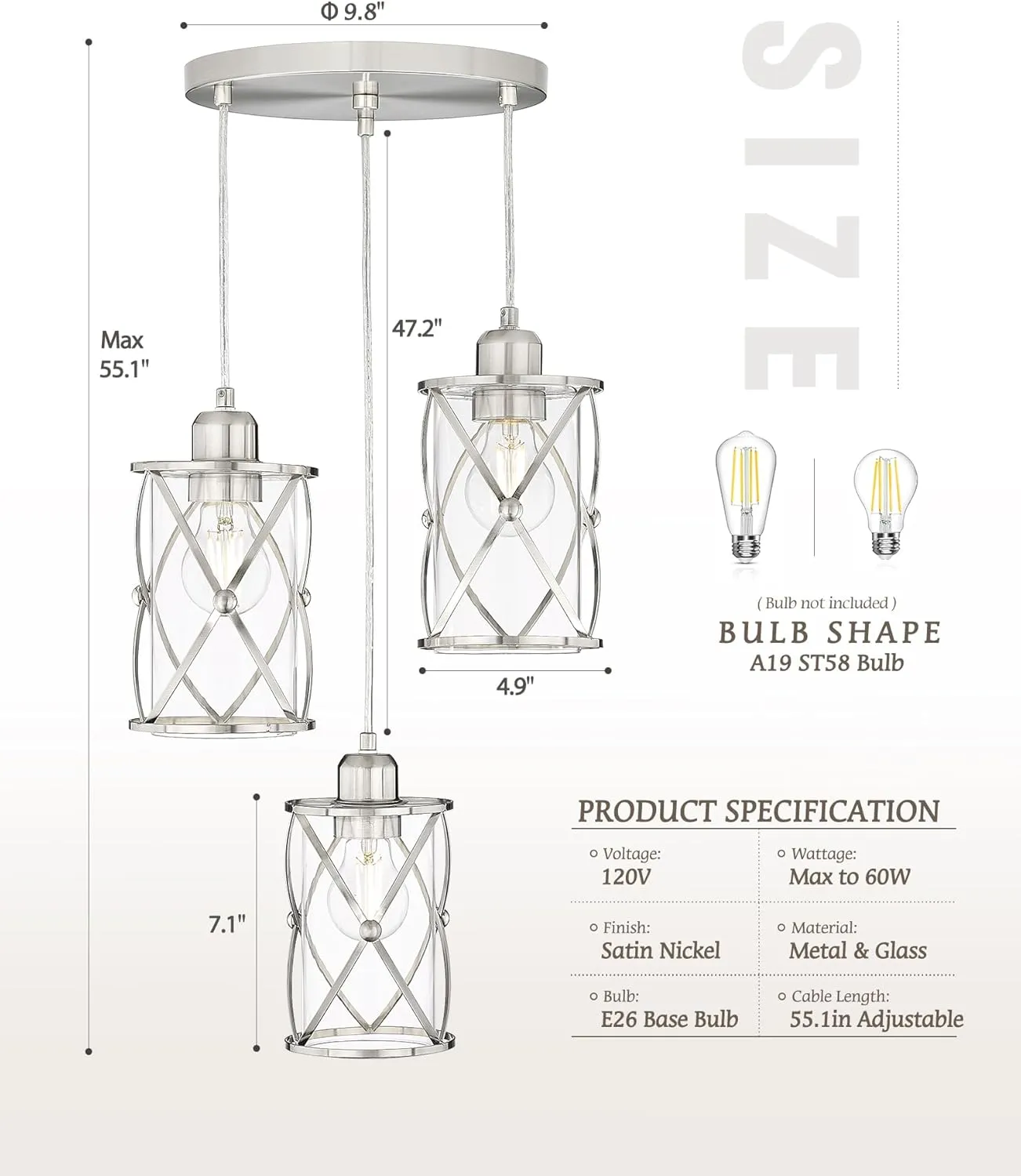 Brushed Nickel Dining Room Chandelier Light Fixture, 3-Light Pendant Lighting with Clear Glass, Modern Kitchen Island Cluster Hanging Pendant Lights for Sink, CH9176BN3