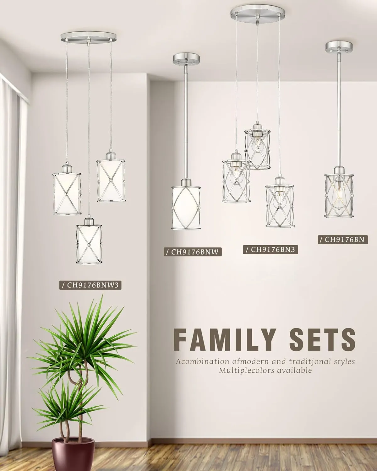 Brushed Nickel Dining Room Chandelier Light Fixture, 3-Light Pendant Lighting with Clear Glass, Modern Kitchen Island Cluster Hanging Pendant Lights for Sink, CH9176BN3
