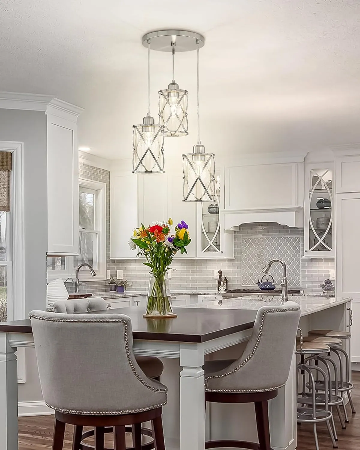 Brushed Nickel Dining Room Chandelier Light Fixture, 3-Light Pendant Lighting with Clear Glass, Modern Kitchen Island Cluster Hanging Pendant Lights for Sink, CH9176BN3