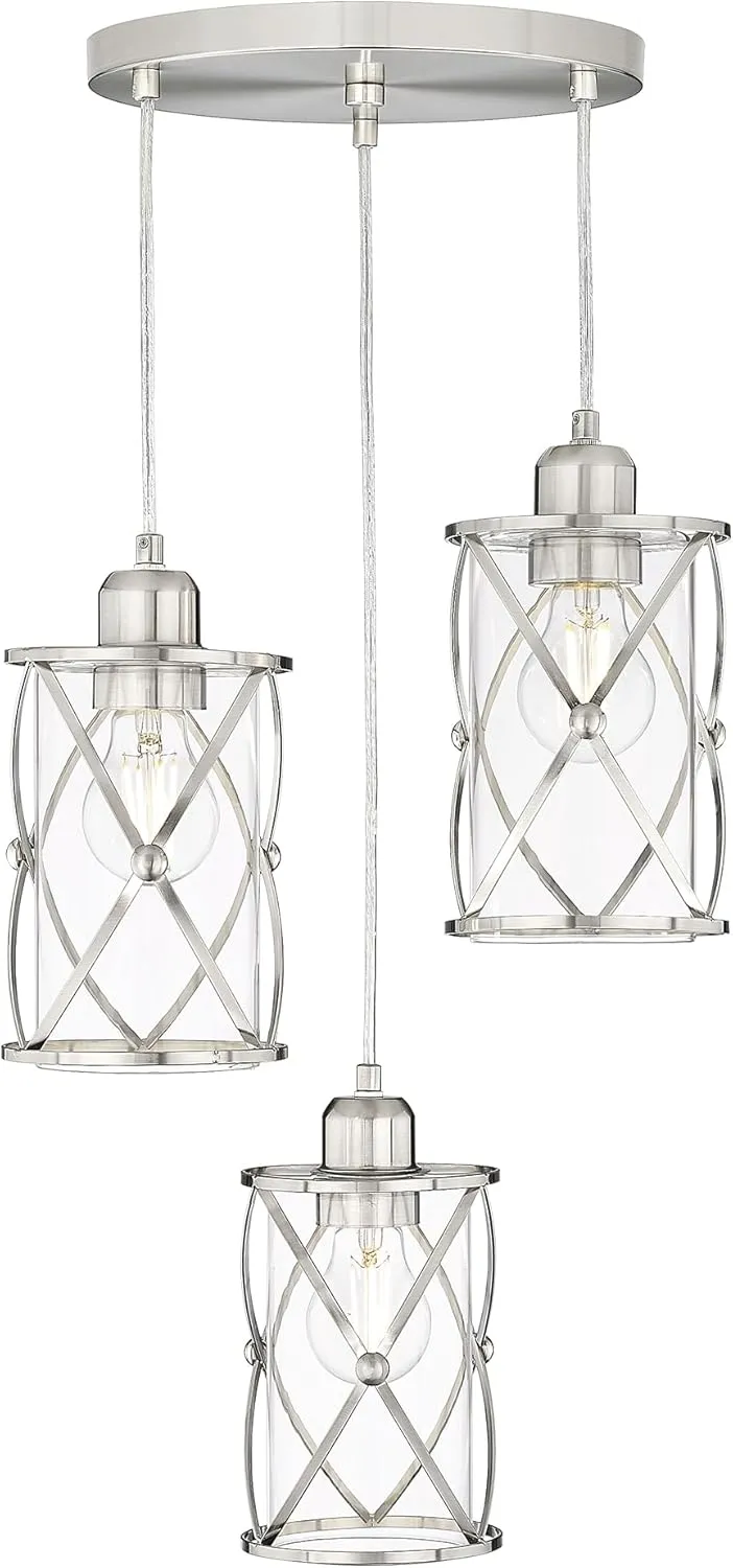 Brushed Nickel Dining Room Chandelier Light Fixture, 3-Light Pendant Lighting with Clear Glass, Modern Kitchen Island Cluster Hanging Pendant Lights for Sink, CH9176BN3