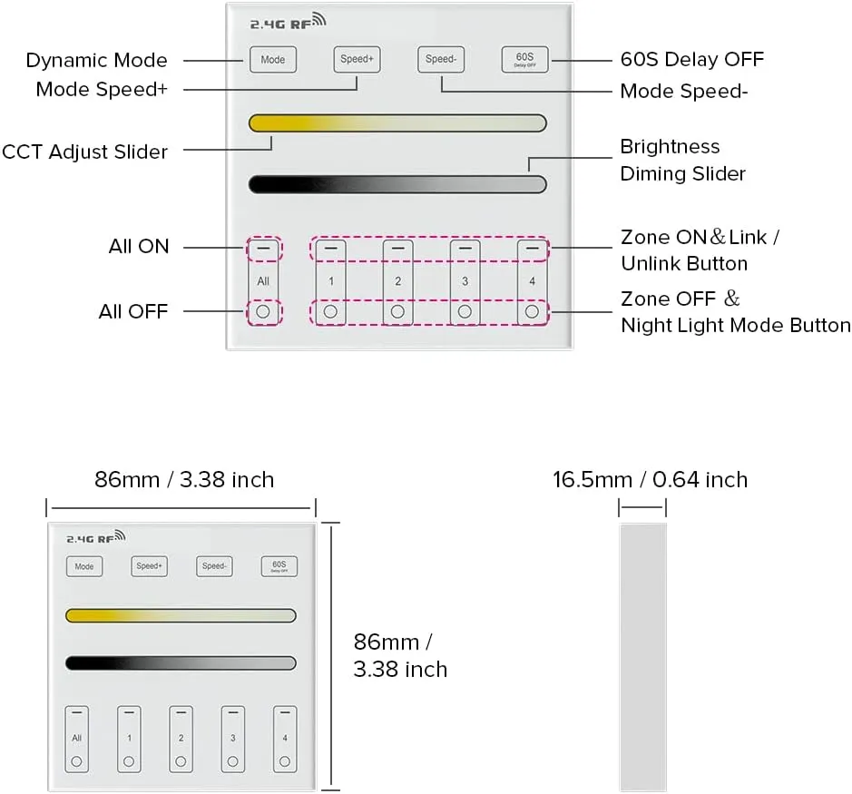 BTF-LIGHTING Wireless 2.4G RF 4 Zone Single Color Wall Mounted Smart Panel Remote Powered by 2XAAA Batteries 3V Work with WB5 LM052 LM053 C01RF C02RF C01W C02W etc PWM Controller