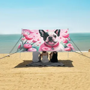 Bulldog Surrounded by Flowers Beach Canopy Tent Anti-UV & Wind Resistant, Camping Sun Shelter Easy Setup Portable,Outdoor Shade Tents with Sandbags,Sand Shovels,Ground Pegs & Stability Poles