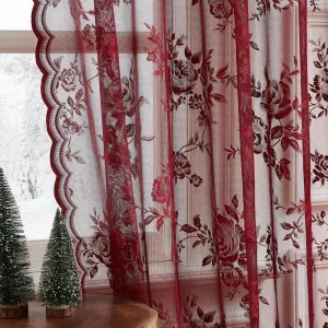 Burgundy Lace Curtains 63 Inch Length Vintage Floral Sheer Curtains 2 Panels set for Bedroom Living Room Rod Pocket Light Filtering Maroon French Romantic Window Curtains Modern Wine Red Decor, 52x63