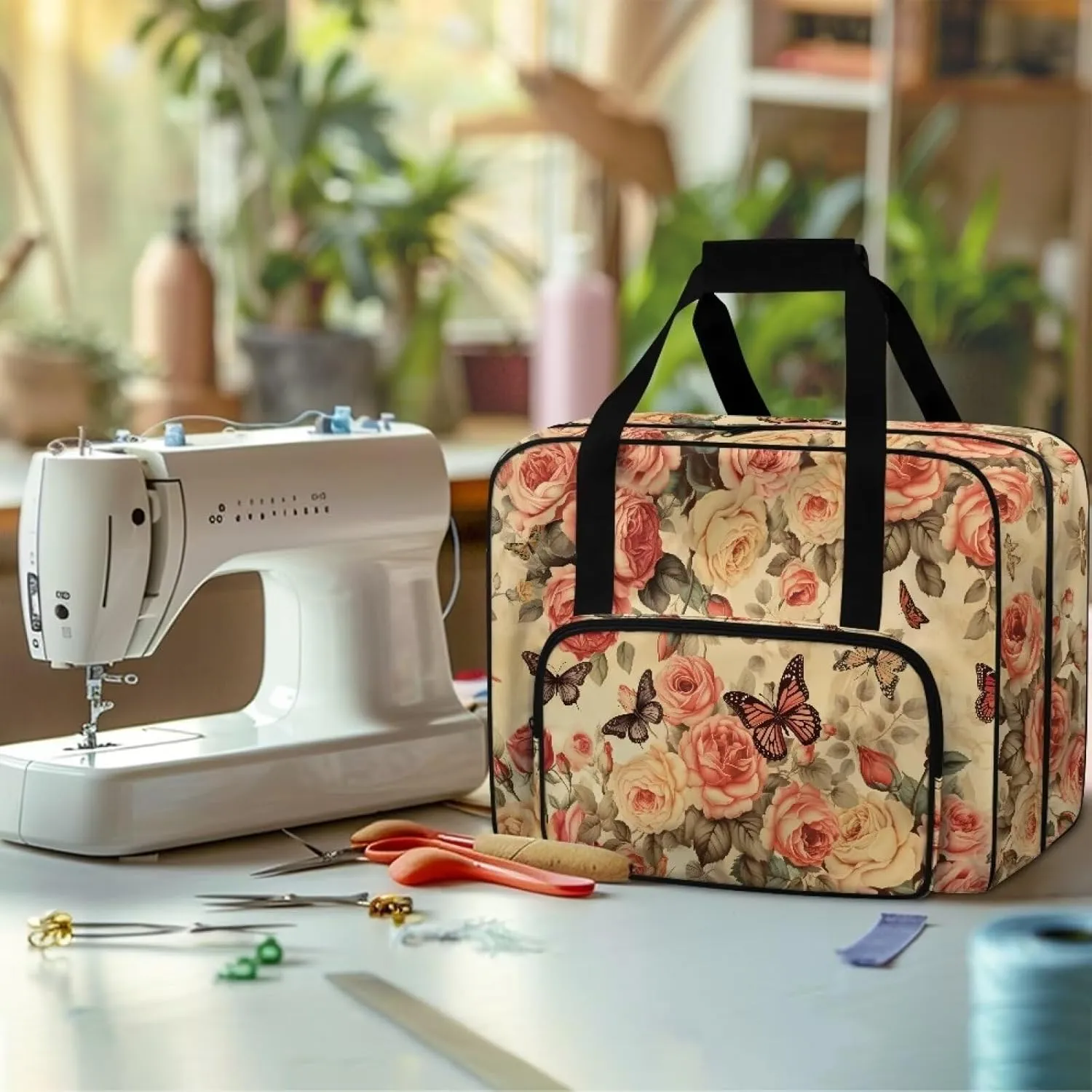 Butterfly Rose Sewing Machine Case for Most Standard Sewing Machines Sewing Machine Bag with Handles and Pockets Travel Storage Carry Case Large Capacity