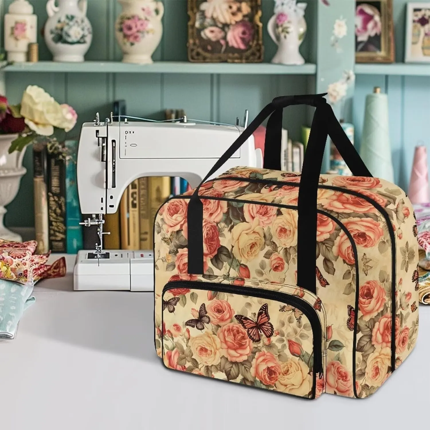 Butterfly Rose Sewing Machine Case for Most Standard Sewing Machines Sewing Machine Bag with Handles and Pockets Travel Storage Carry Case Large Capacity