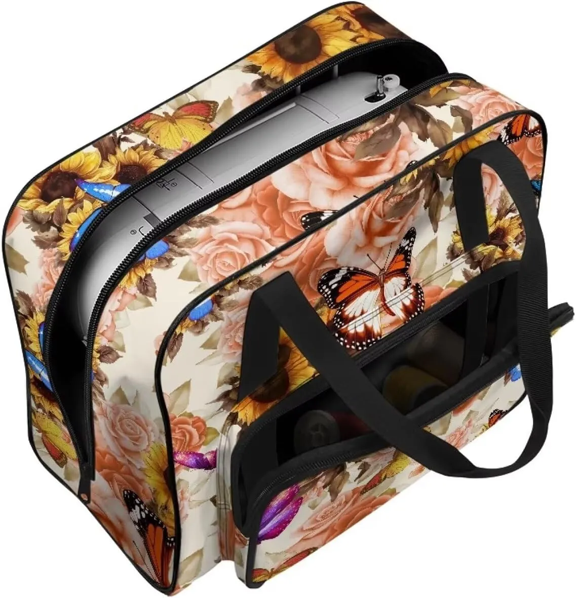 Butterfly Roses Sewing Machine Cover Dust Cover Portable Sewing Machine Handbag with Pockets Sewing Machine Tote with Storage Pockets for Sewing Machine and Extra Accessories