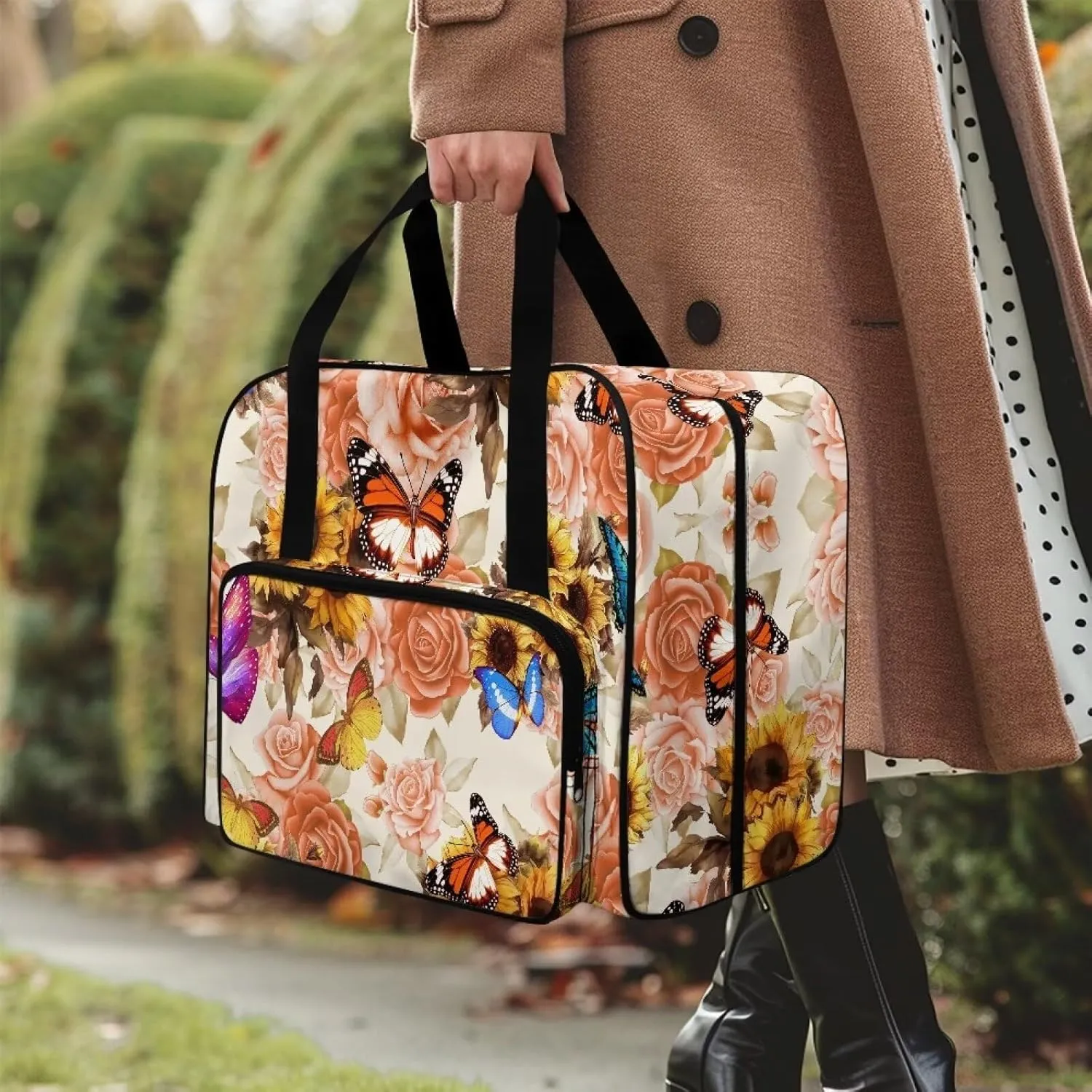 Butterfly Roses Sewing Machine Cover Dust Cover Portable Sewing Machine Handbag with Pockets Sewing Machine Tote with Storage Pockets for Sewing Machine and Extra Accessories