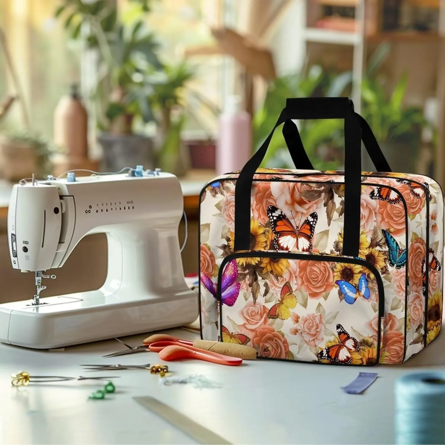 Butterfly Roses Sewing Machine Cover Dust Cover Portable Sewing Machine Handbag with Pockets Sewing Machine Tote with Storage Pockets for Sewing Machine and Extra Accessories