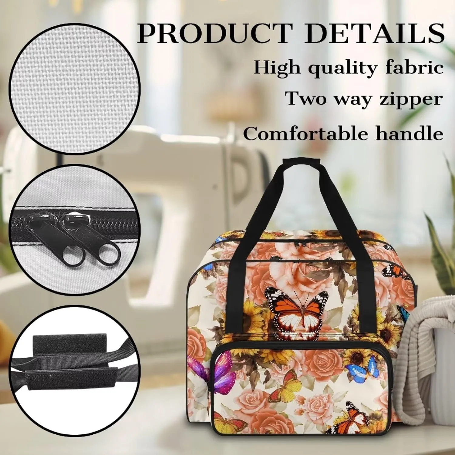 Butterfly Roses Sewing Machine Cover Dust Cover Portable Sewing Machine Handbag with Pockets Sewing Machine Tote with Storage Pockets for Sewing Machine and Extra Accessories