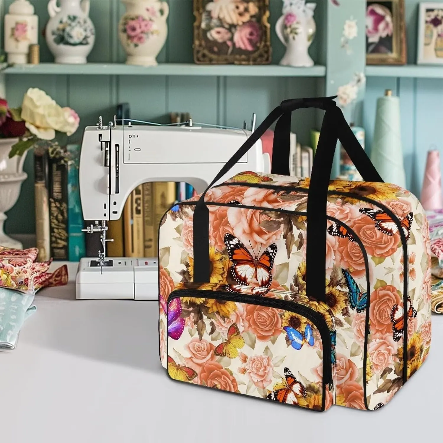 Butterfly Roses Sewing Machine Cover Dust Cover Portable Sewing Machine Handbag with Pockets Sewing Machine Tote with Storage Pockets for Sewing Machine and Extra Accessories