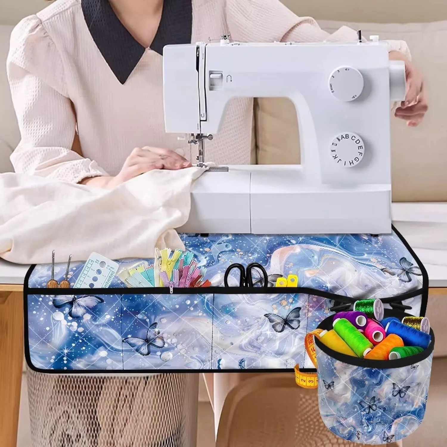 Butterfly Sewing Machine Carry Case for Table with 4 Pockets for Sewing Accessories Non Slip Mats Soft Sew Machine Pad Protective Accessories