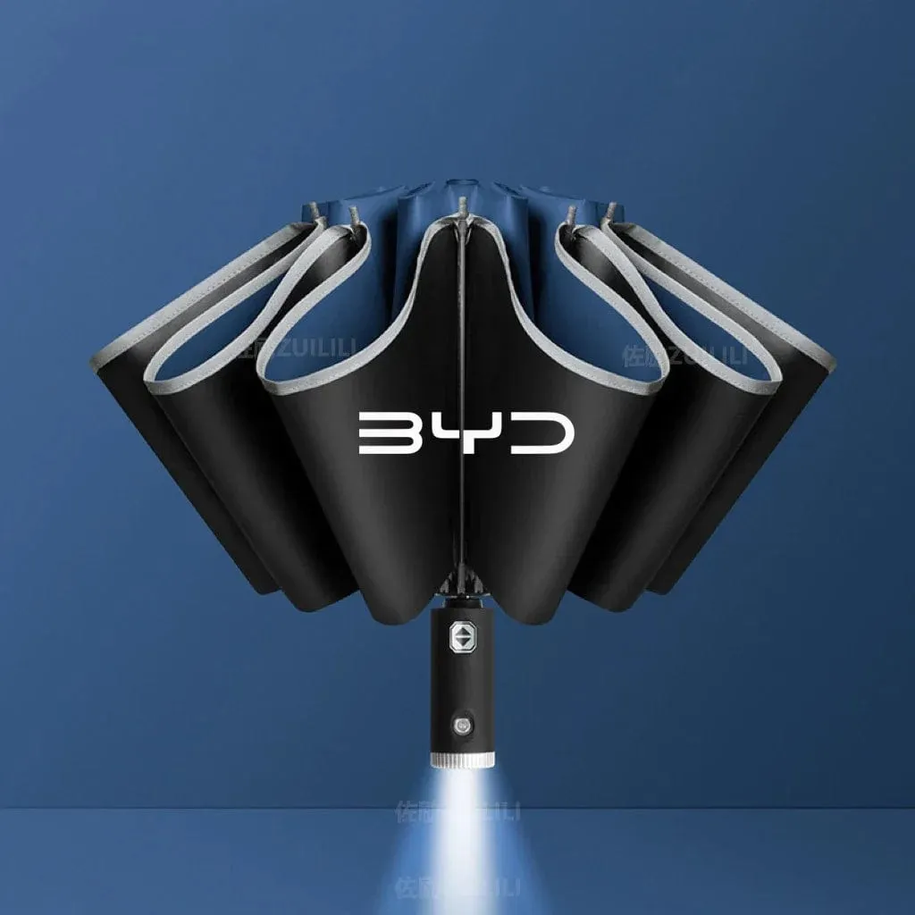 BYD AutoShield: Reflective Stripe Windproof Umbrella with LED Light