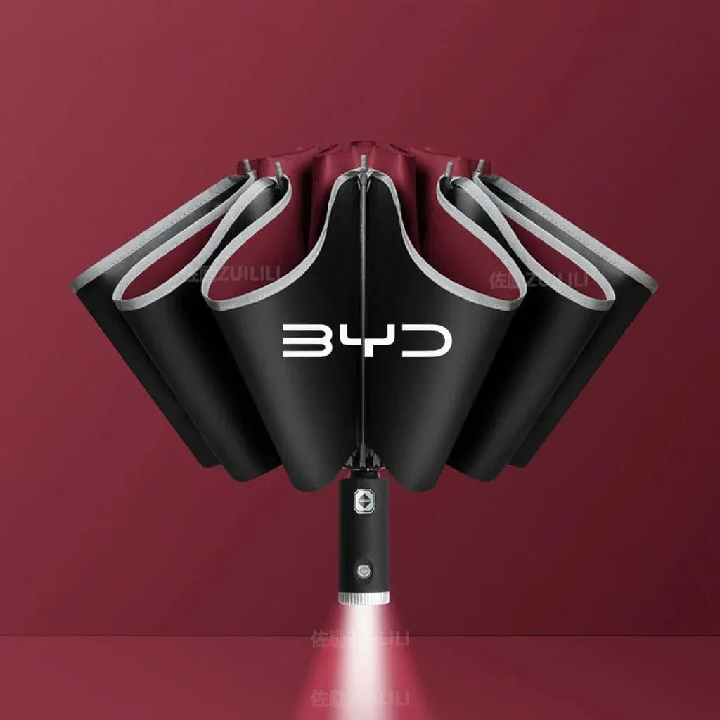 BYD AutoShield: Reflective Stripe Windproof Umbrella with LED Light