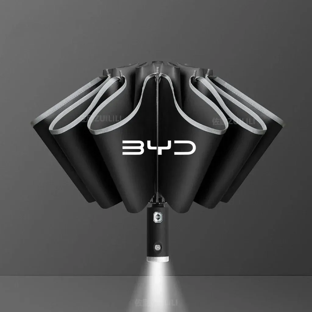 BYD AutoShield: Reflective Stripe Windproof Umbrella with LED Light