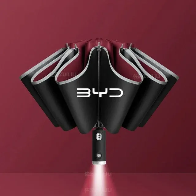 BYD AutoShield: Reflective Stripe Windproof Umbrella with LED Light