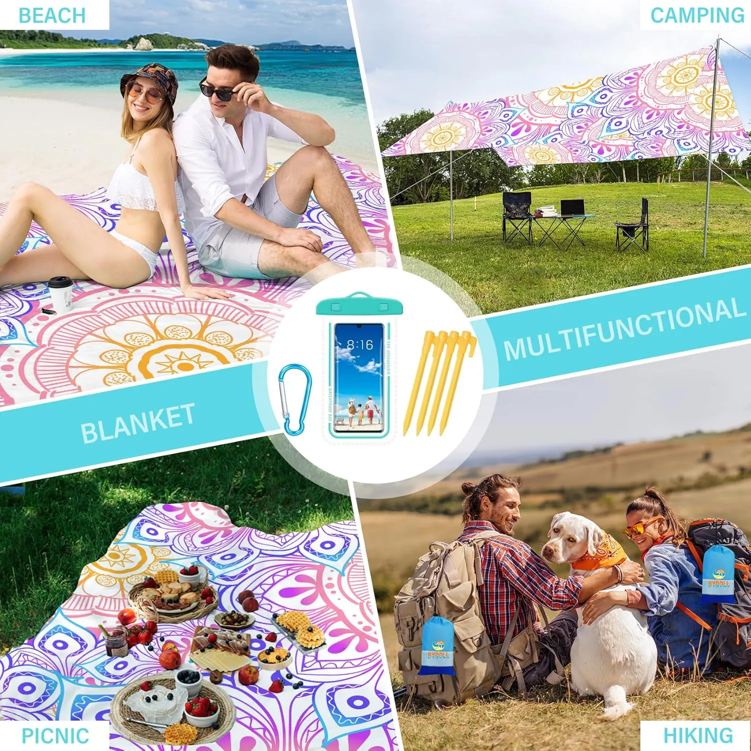 BYDOLL Beach Blanket Waterproof Sandproof 78''×81'' Suits1-4 Adults Compact Lightweight Oversized Sand-Free Blanket Large Picnic Mat for Beach Travel Camping Hiking