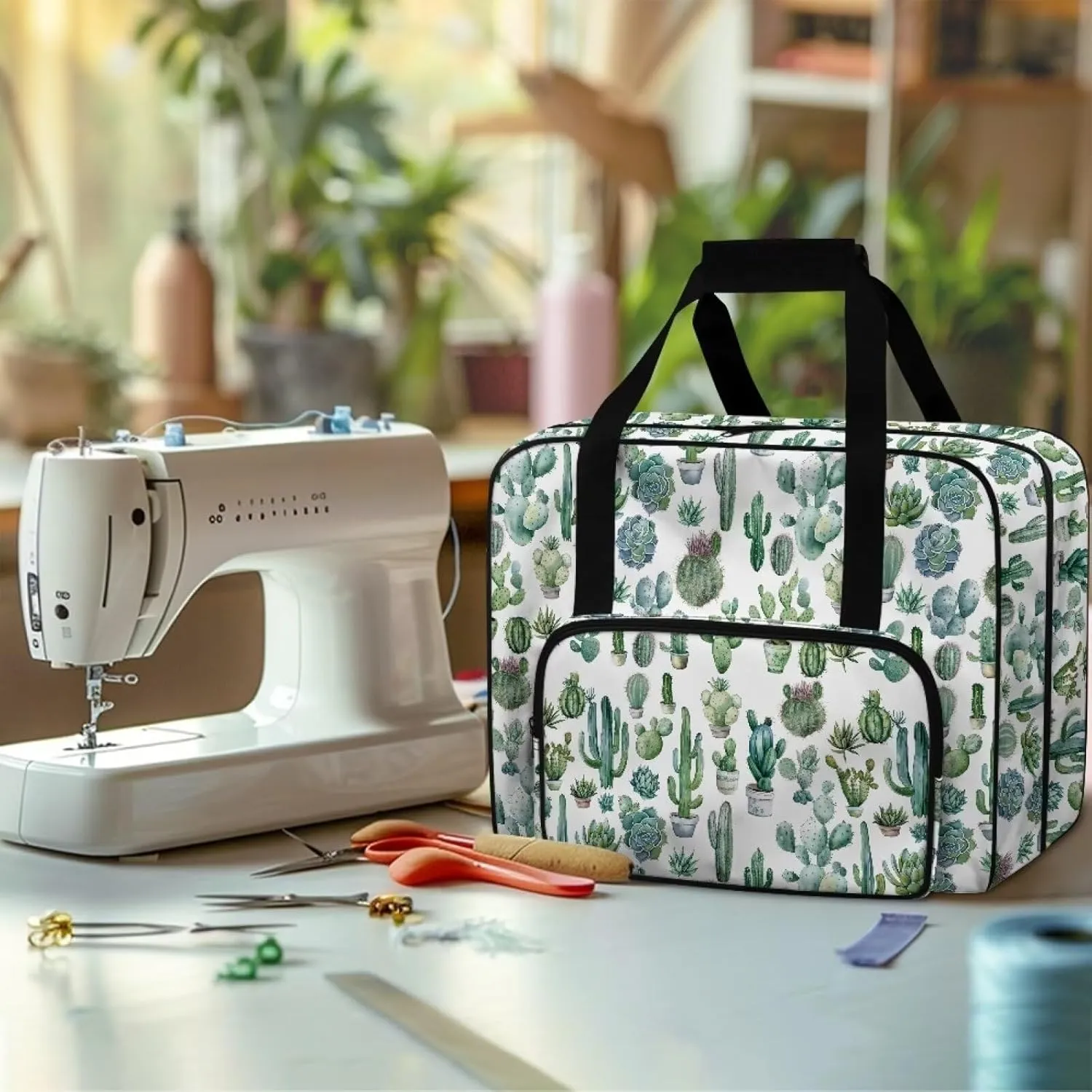 Cactus Sewing Machine Carrying Case Portable Travel Storage Carry Case with Pockets Lightweight Hard Sewing Machine Bag for Most Sewing Machines and Extra Sewing Accessories