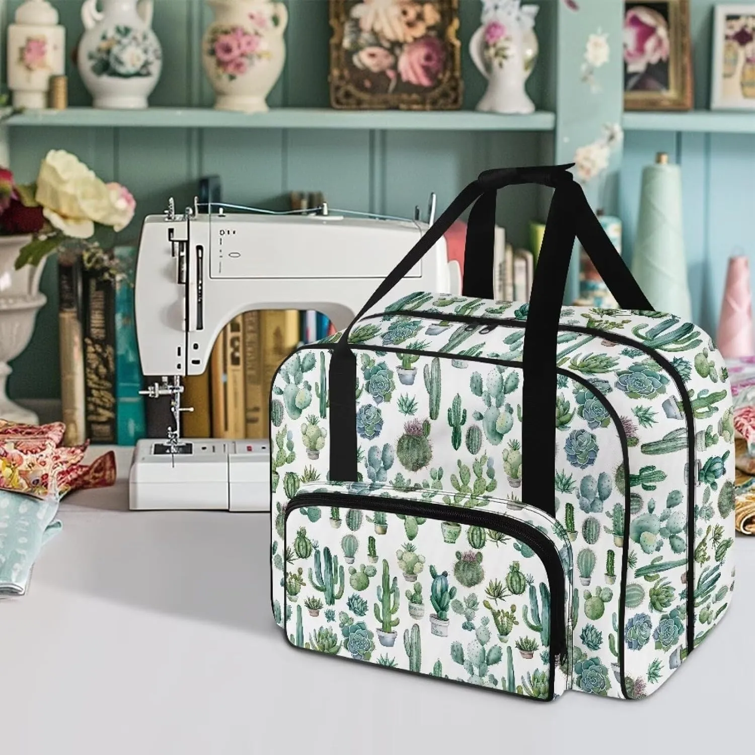 Cactus Sewing Machine Carrying Case Portable Travel Storage Carry Case with Pockets Lightweight Hard Sewing Machine Bag for Most Sewing Machines and Extra Sewing Accessories