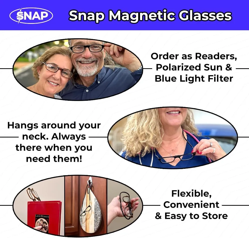 Calabria Snap Magnetic Bridge Front Connect L-XL Reading Glasses Clear or Blue Light Lens Men Women Around Neck Hang Readers