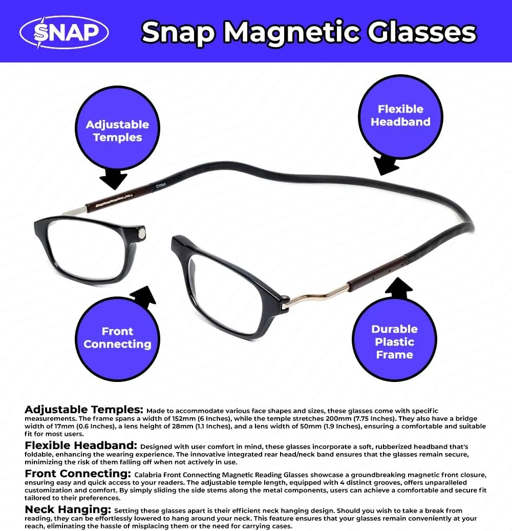 Calabria Snap Magnetic Bridge Front Connect L-XL Reading Glasses Clear or Blue Light Lens Men Women Around Neck Hang Readers