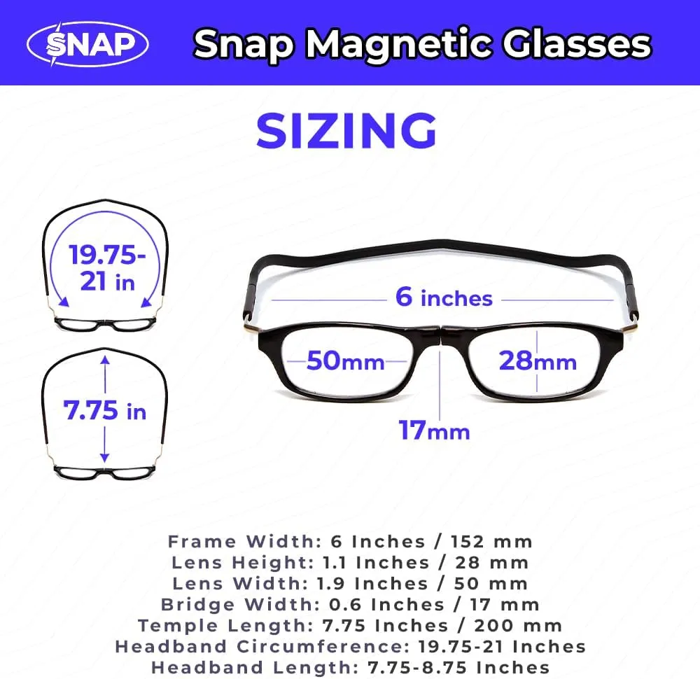 Calabria Snap Magnetic Bridge Front Connect L-XL Reading Glasses Clear or Blue Light Lens Men Women Around Neck Hang Readers