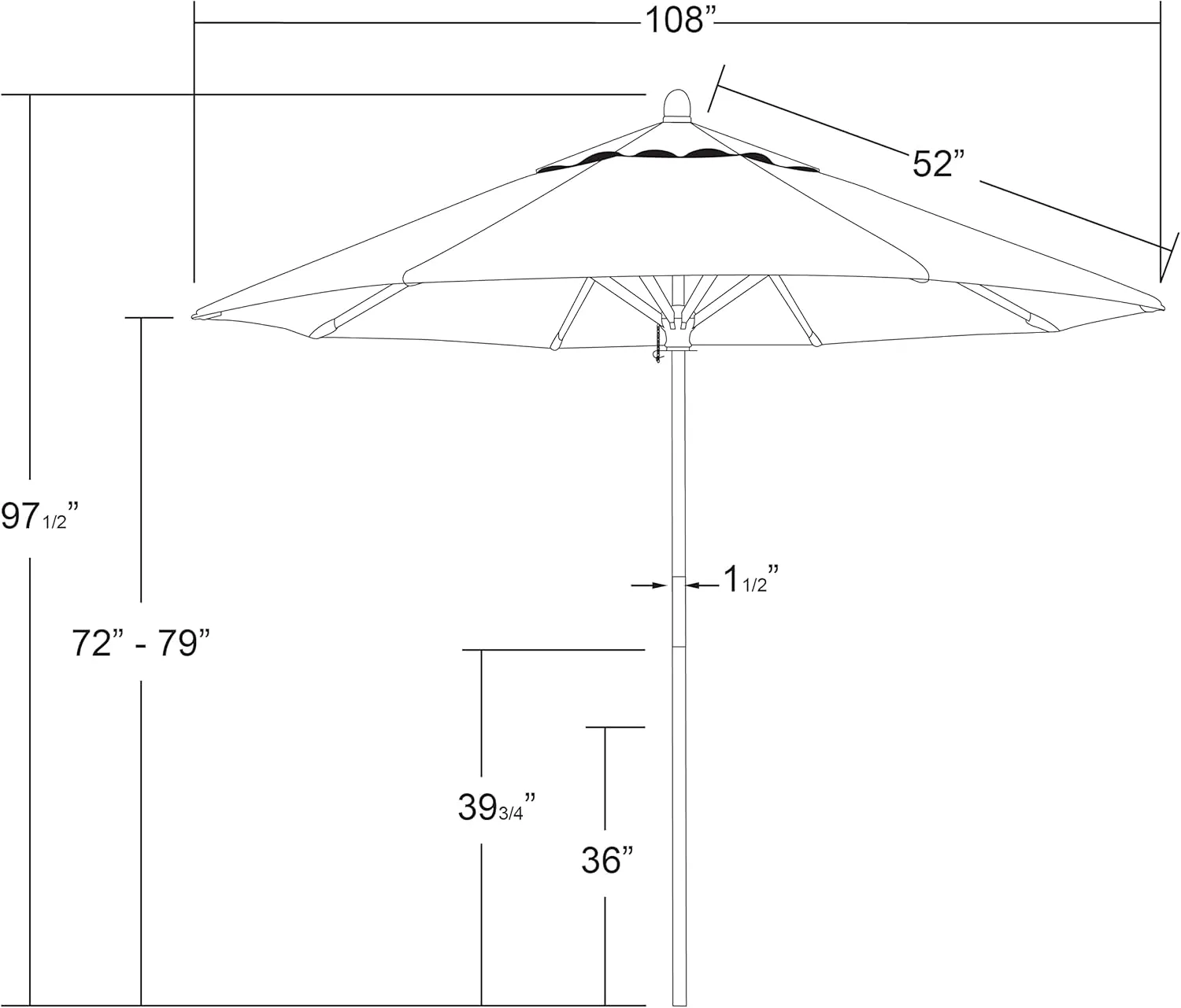 California Umbrella 9' Rd. Wooden Market Umbrella, Push Open Pin Stop , Sunbrella Spectrum Indigo