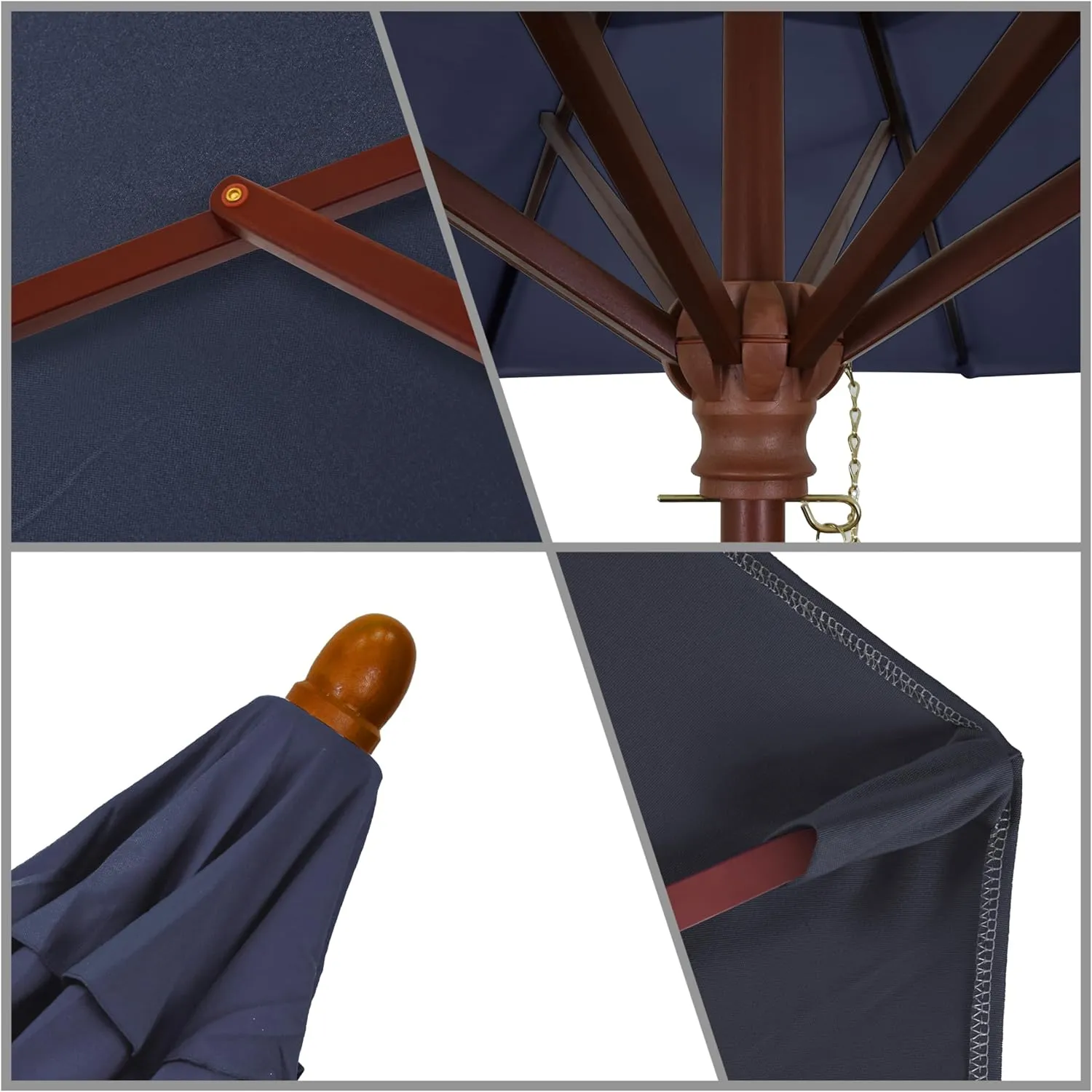 California Umbrella 9' Rd. Wooden Market Umbrella, Push Open Pin Stop , Sunbrella Spectrum Indigo