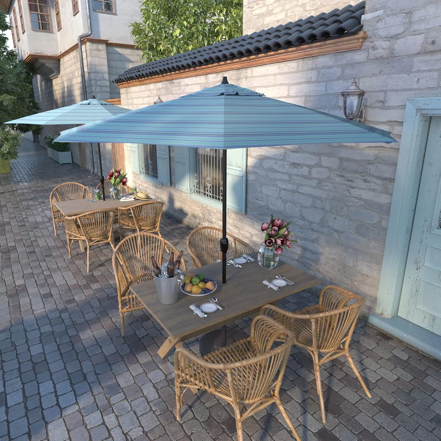 California Umbrella 9' Round Sunbrella Aluminum Outdoor Deck, Pool or Patio Umbrella, Crank Lift, Auto Tilt, Bronze Pole, Dolce Oasis