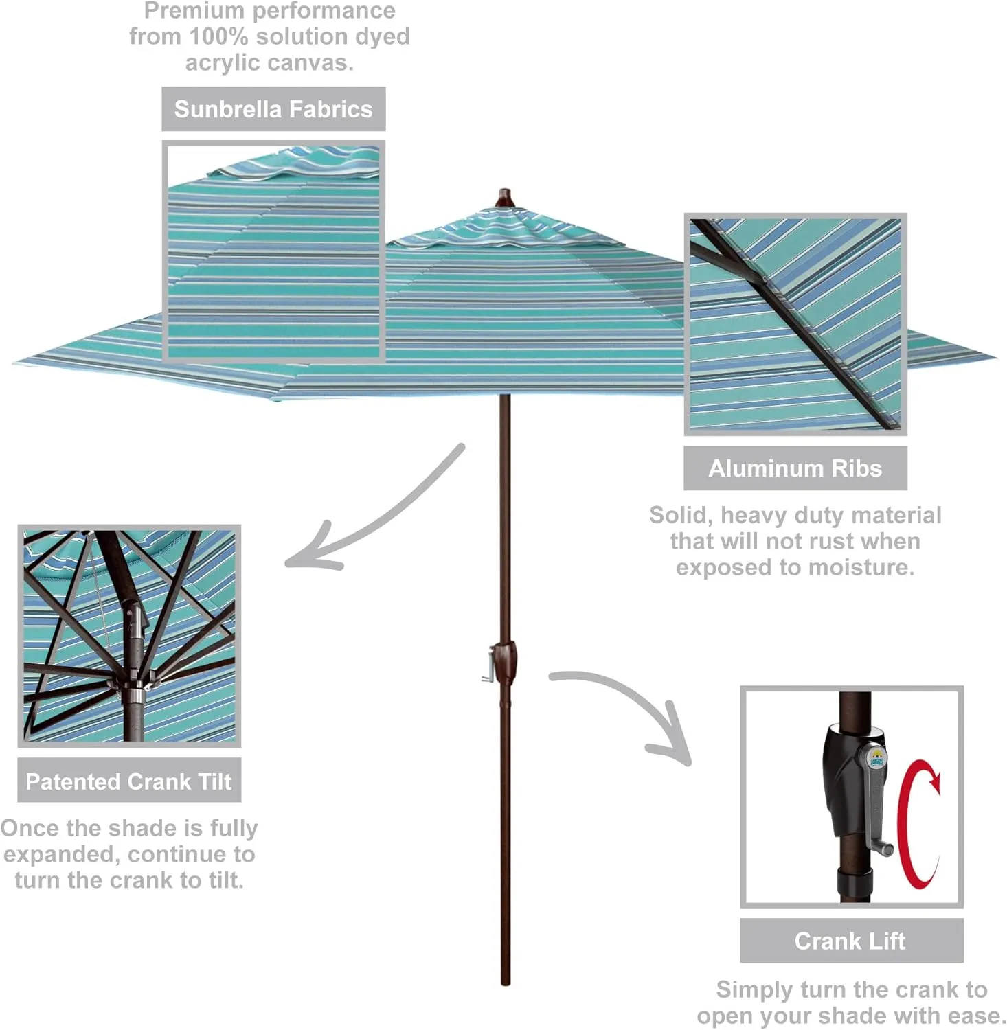 California Umbrella 9' Round Sunbrella Aluminum Outdoor Deck, Pool or Patio Umbrella, Crank Lift, Auto Tilt, Bronze Pole, Dolce Oasis