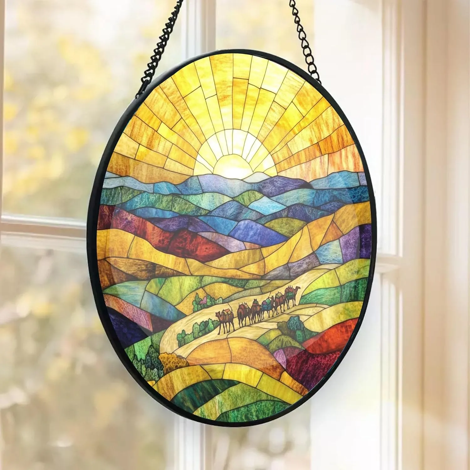 Camel Caravan Crossing The Desert Decor Suncatcher Stained Glass Window Hanging- Custom Suncatcher 2025, Wooden Ornament, Christmas Hanging Decor, Suncatcher for Christmas Tree. fmBcGi